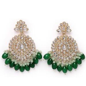 Elegant Gold and Green Dangle kundan Earrings
